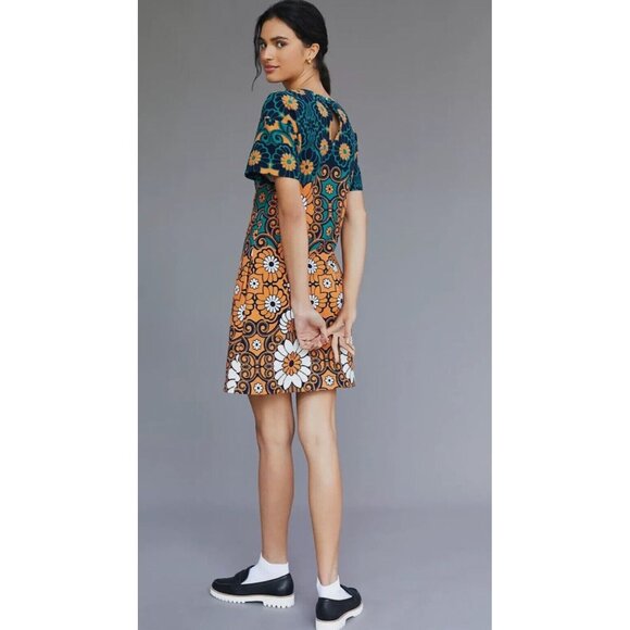 Anthropologie Maeve Floral Shift Mini Dress Mod Blue Green Size M Pockets Casual - Picture 3 of 12